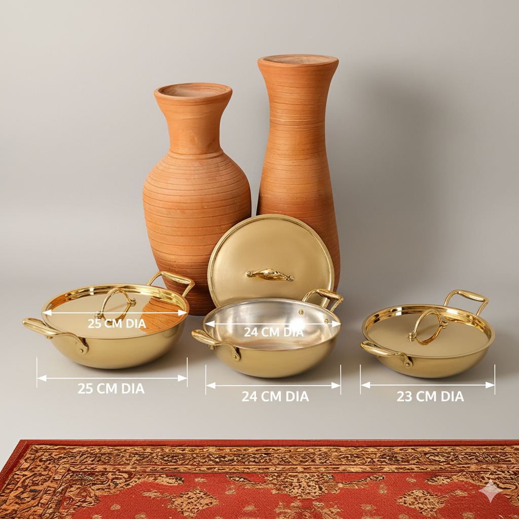 Flat Base Brass Kadhai with Brass Lid | Naturally non stick | Non Toxic | Plain