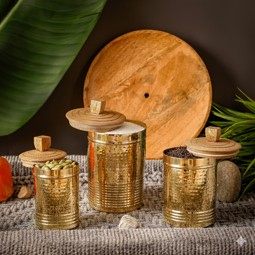Brass Containers with Wooden Lid | Toxin-Free Food Storage | Handcrafted & Sustainable