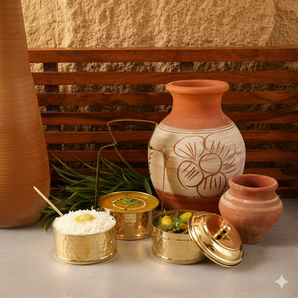 Brass Tiffin Box with 3 Compartments & Spoon | Toxin-Free | Sustainable & Handcrafted