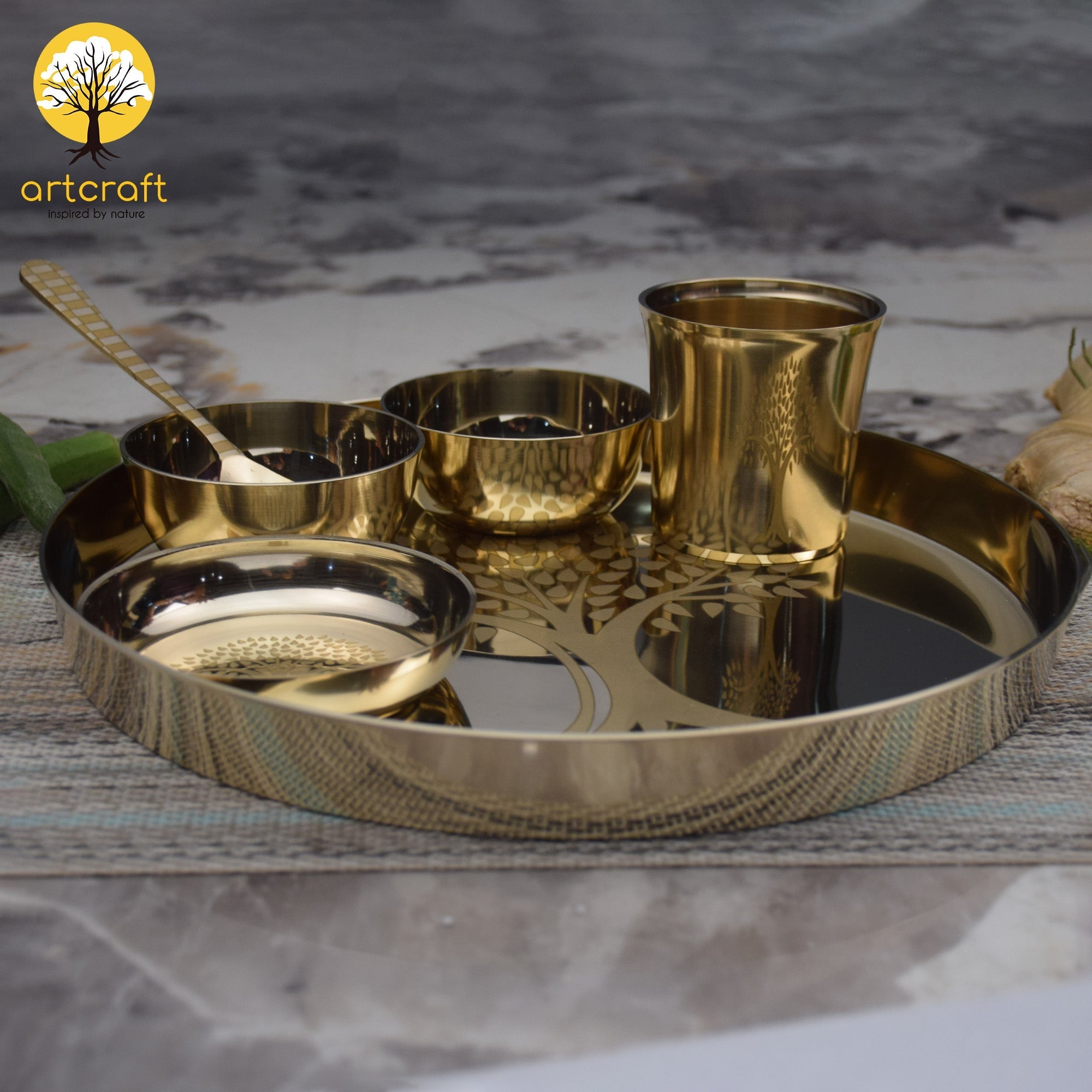 Kalpavriksham - Set of 6 Kansa Utensils Thali 11inches (28cms)