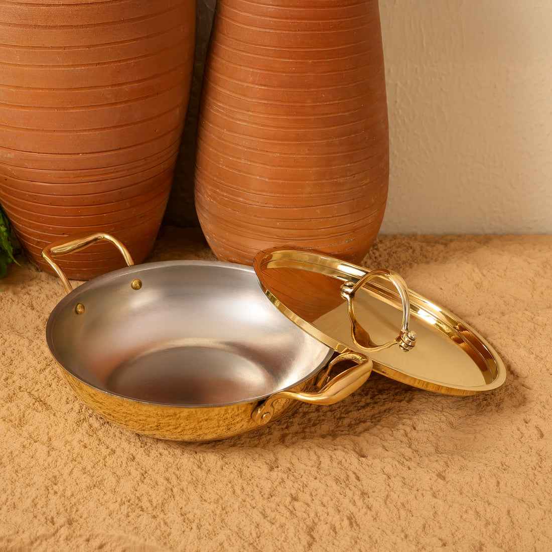 Flat Base Brass Kadhai with Brass Lid | Naturally non stick | Non Toxic | Plain