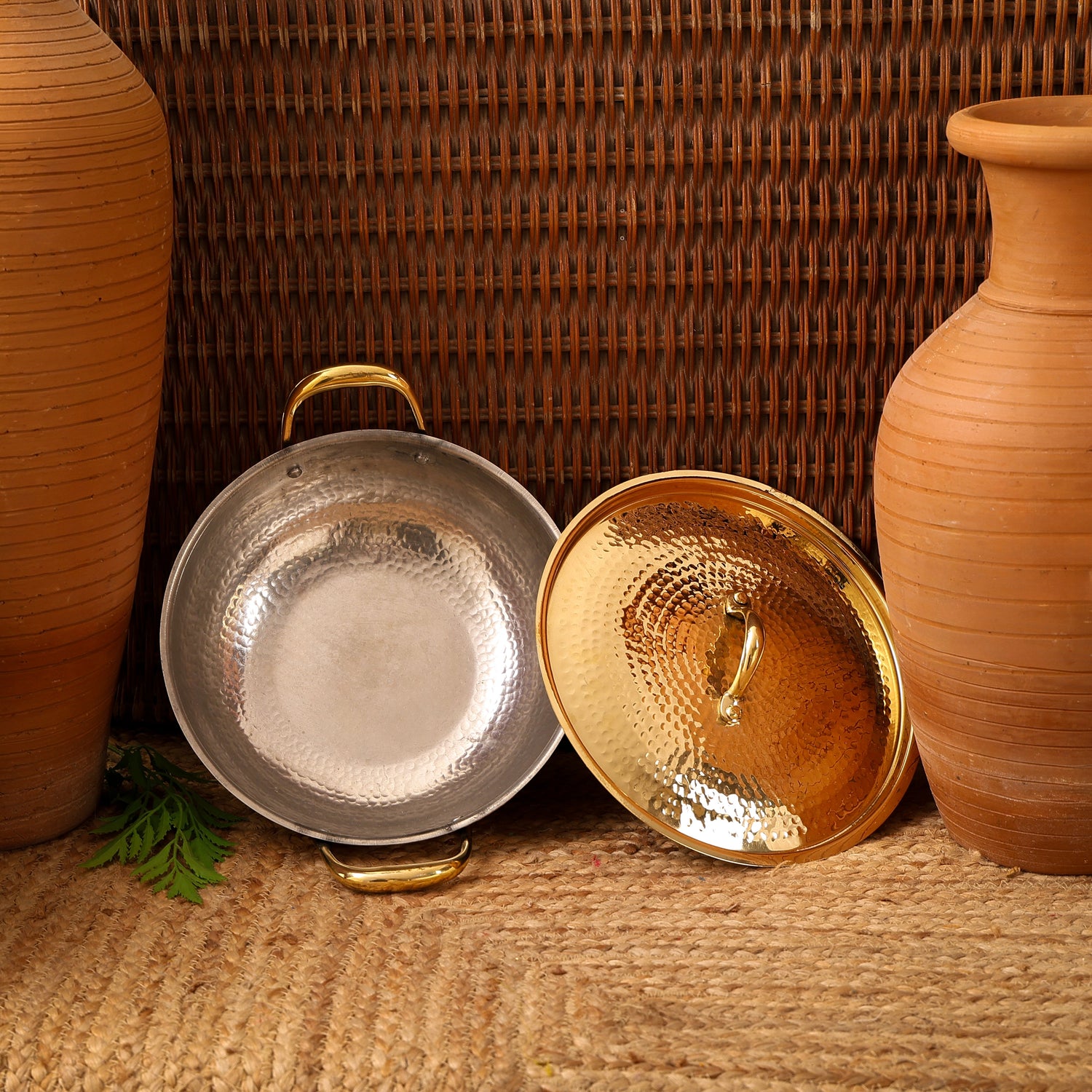Flat Base Brass Kadhai with Brass Lid | Naturally non stick | Non Toxic | Hammered Texture
