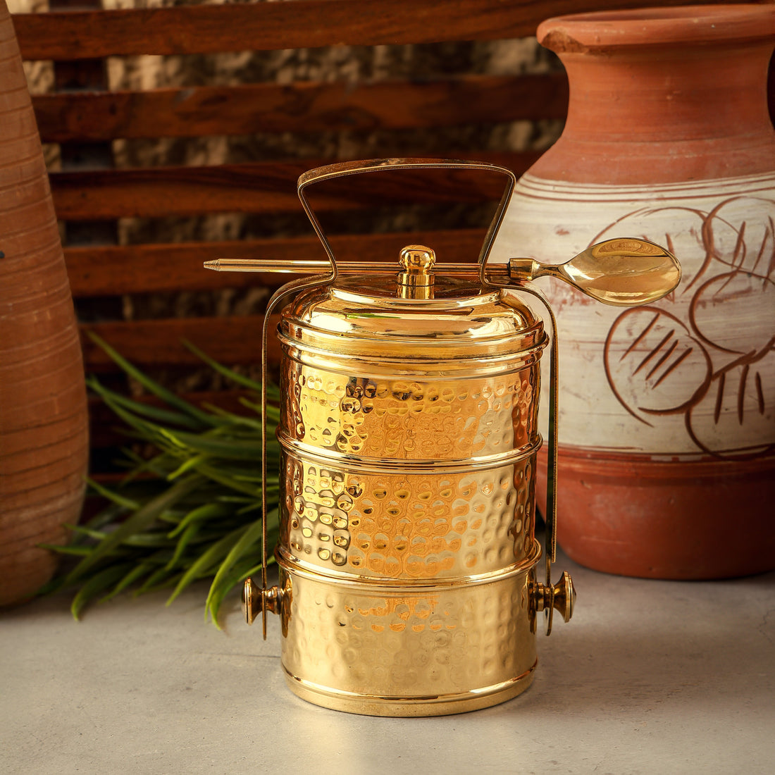 Brass Tiffin Box with 3 Compartments &amp; Spoon | Toxin-Free | Sustainable &amp; Handcrafted