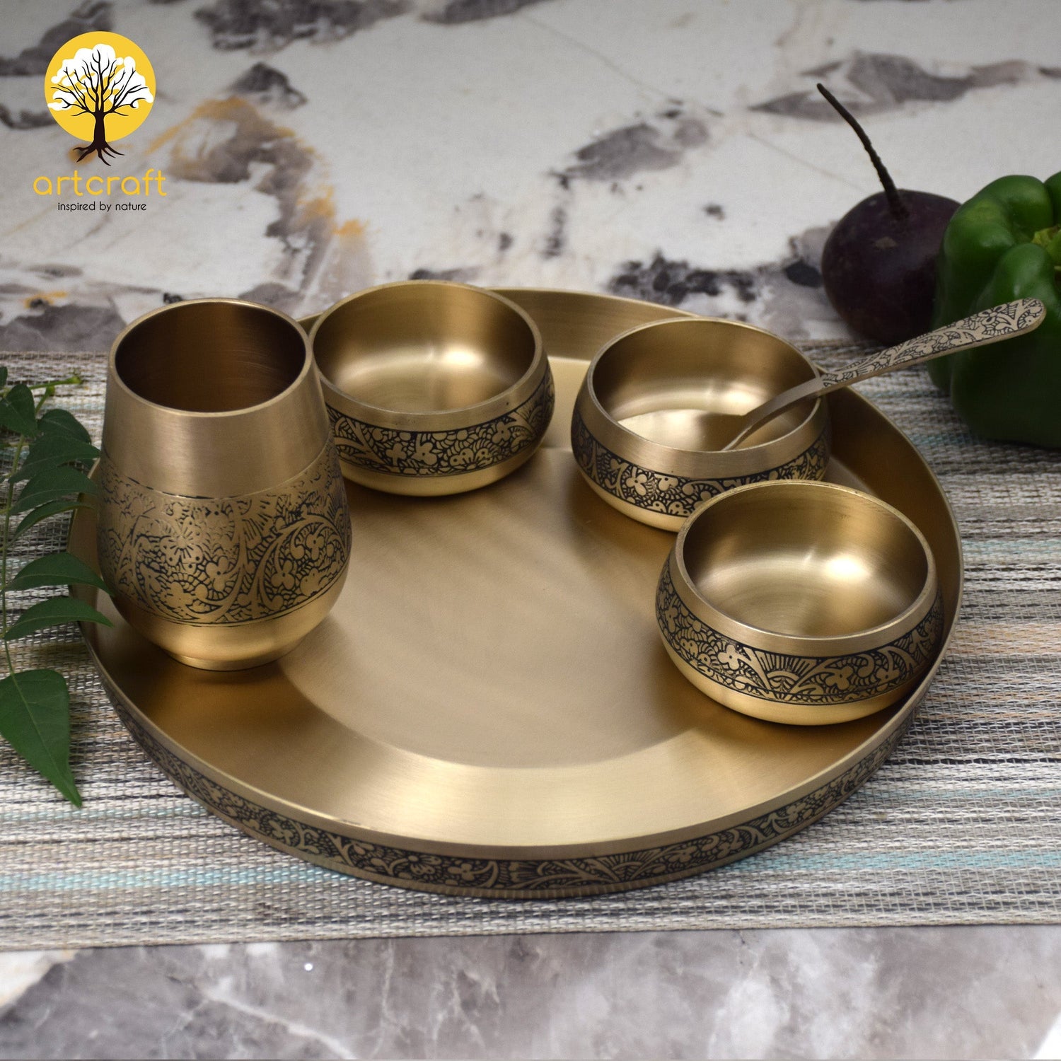 Elegant - Set of 6 Kansa Utensils Thali 11inches (28cms)