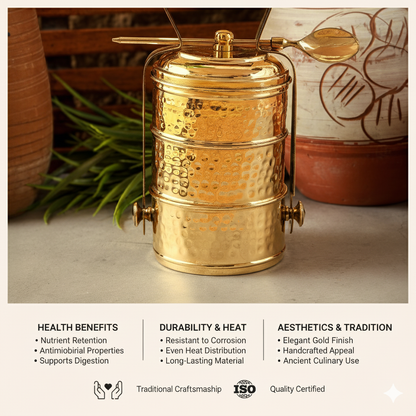Brass Tiffin Box with 3 Compartments &amp; Spoon | Toxin-Free | Sustainable &amp; Handcrafted
