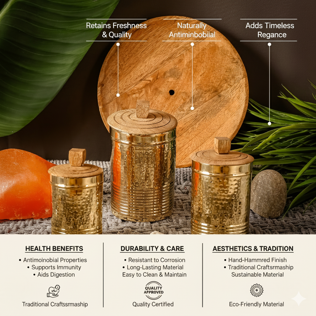 Brass Containers with Wooden Lid | Toxin-Free Food Storage | Handcrafted &amp; Sustainable