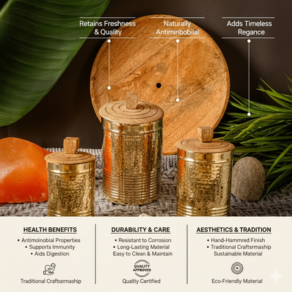 Brass Containers with Wooden Lid | Toxin-Free Food Storage | Handcrafted &amp; Sustainable