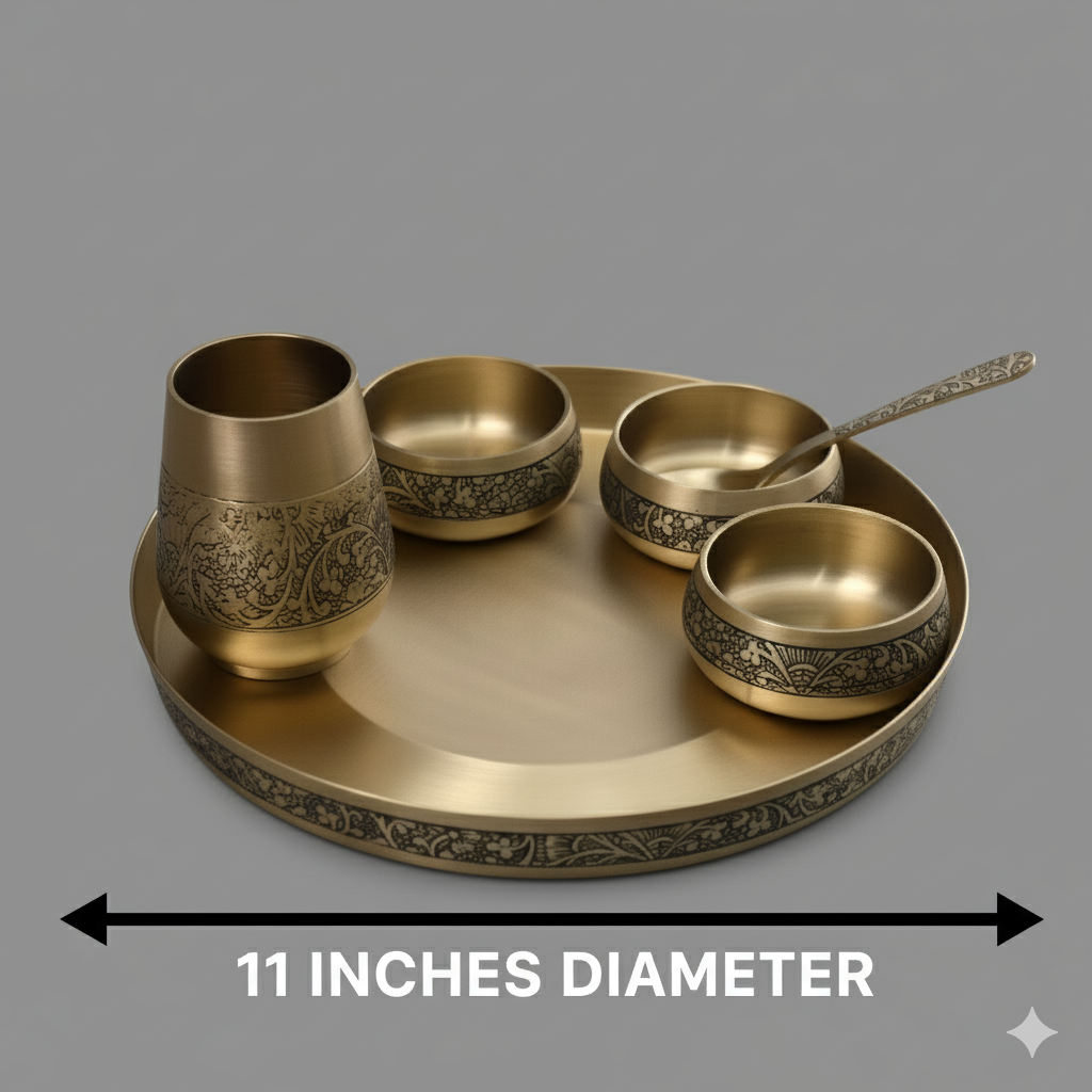 Elegant - Set of 6 Kansa Utensils Thali 11inches (28cms)