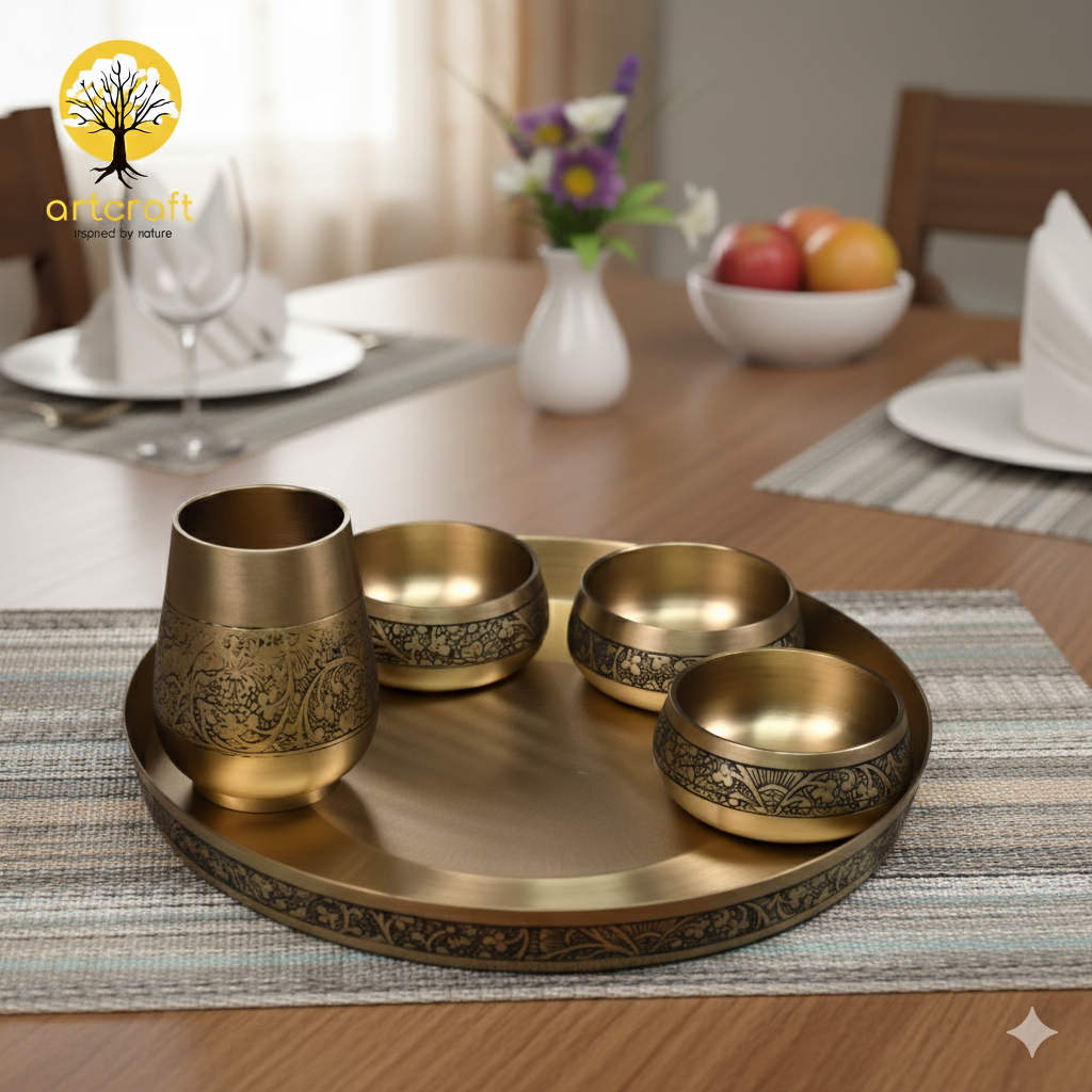 Elegant - Set of 6 Kansa Utensils Thali 11inches (28cms)