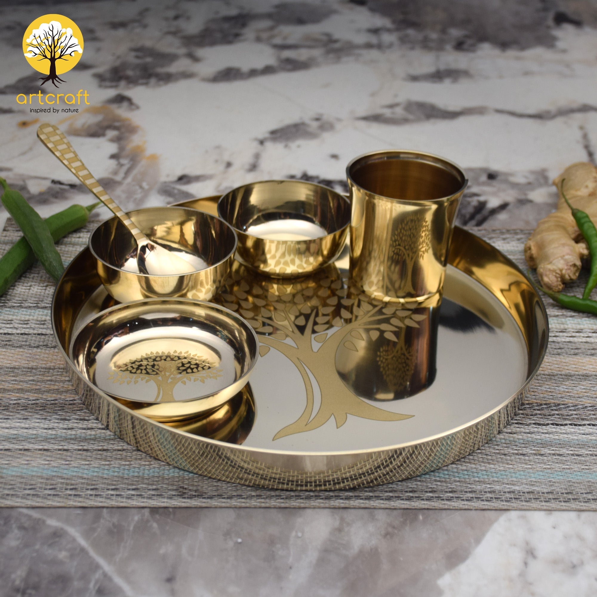 Kalpavriksham - Set of 6 Kansa Utensils Thali 11inches (28cms)